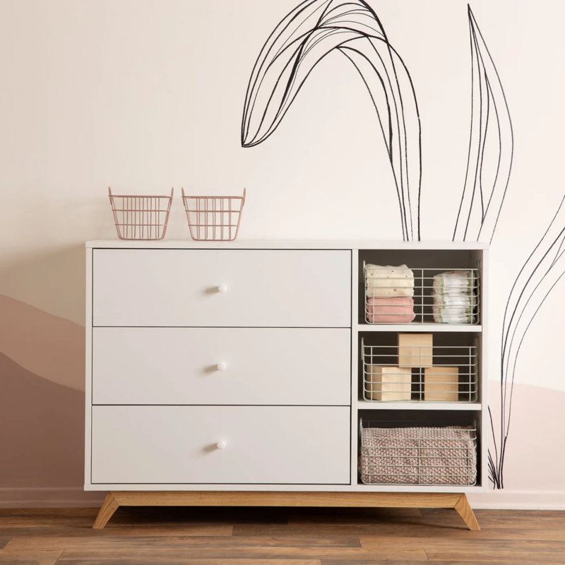 dadada Central Park 3-Drawer Dresser with Open Shelving - White/Natural, White/Natural