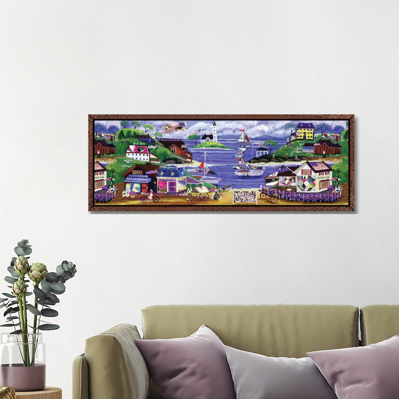 Primitive American Angel And Crazy Quilt Seaside Village by Cheryl Bartley - Panoramic Painting on Canvas