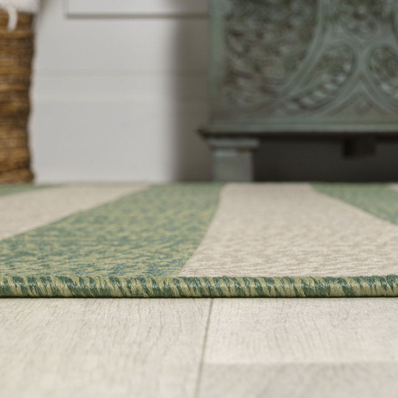 Cino Two-Tone Wide Stripe Green/Cream Indoor/Outdoor Rug, Rectangle 2'11" x 5'