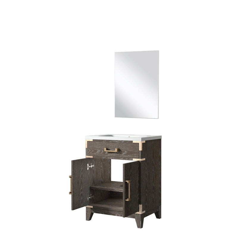 24 po X 18 Armoire de rangement en chêne brun avec plateau en acrylique et miroir inclus