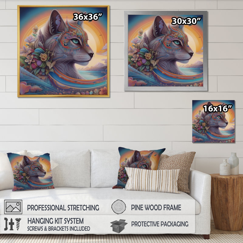 «Magical Rainbow Cat With Flowers I», reproduction sur toile, H 24 po x l 24 po x P 1 po, Cadre simple argenté