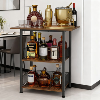 3-Tier Bar Cart With Locking Wheels, T-Shaped Serving Cart With Anti-Tip Guardrails For Wine Bottles, Glassware And Bar Essentials, Compact Corner Cab