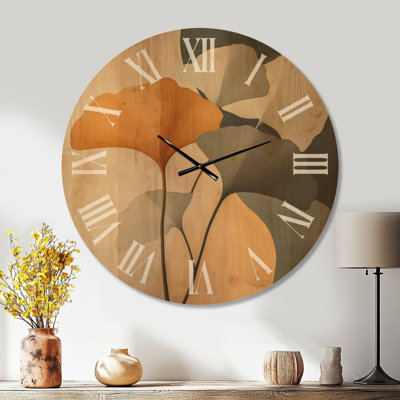 Horloge murale grand format Japandi, motif Feuilles de ginkgo d'automne I, imprimée sur bois.