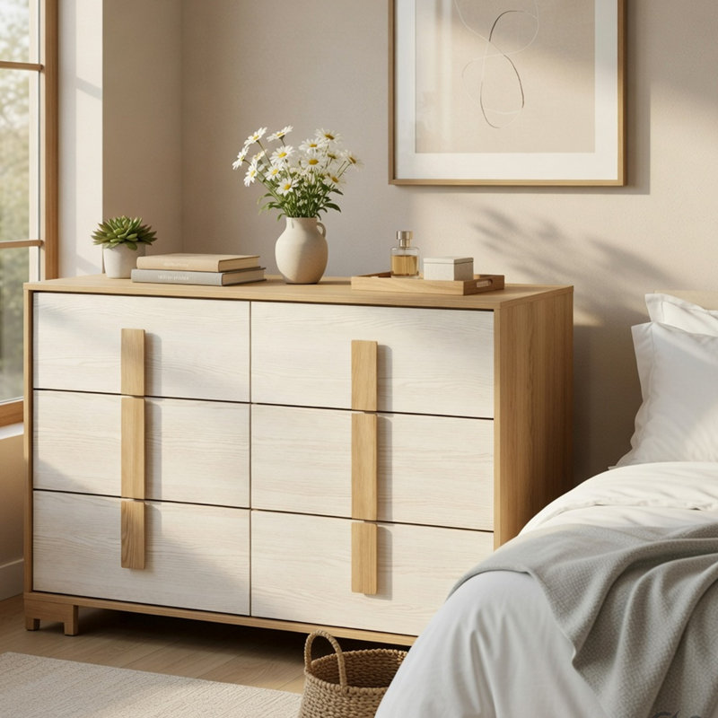 Commode large Kery, 6 tiroirs avec poignées de tableau, brun naturel et bois blanc