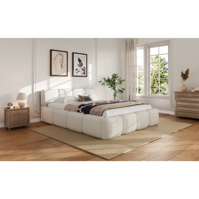 Lit plateforme, tête de lit et pied de lit épais Boucle, lits rembourrés au sol, style bloc