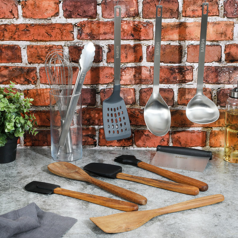 Babish 11-Piece Teak Wood, Silicone, and Stainless Steel Cooking Tool Set