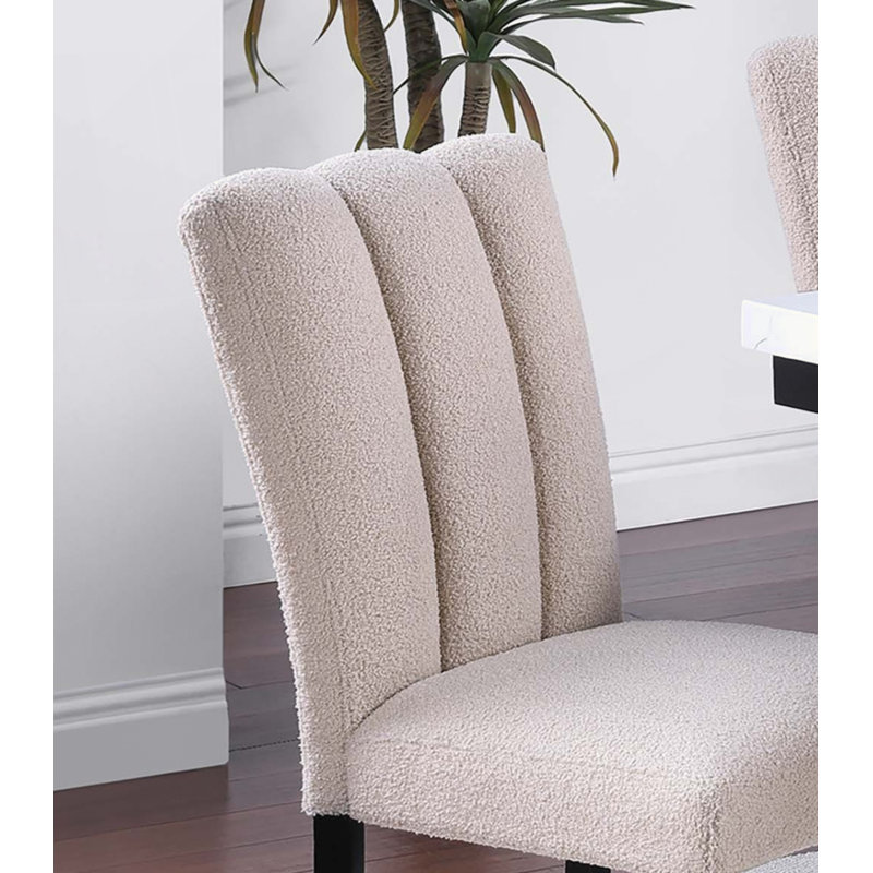 Upholstered Soft Fabric 2Pc Dining Chairs Channel Tufting Neutral Tone Side Chair Black Wooden Legs Dining Room