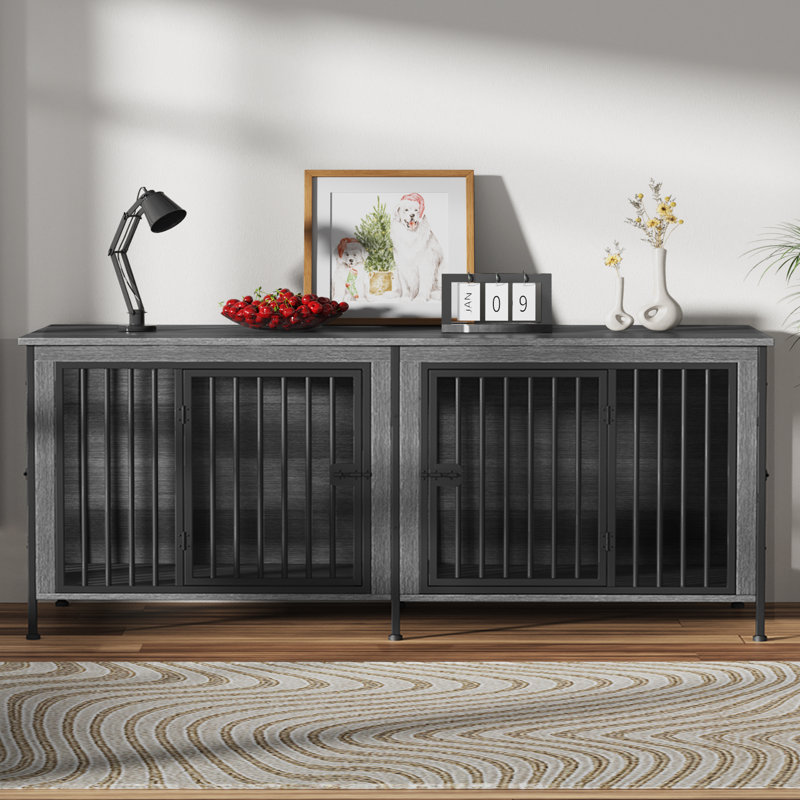 Fidelmar Metal and Wood Pet Furniture Style Crate, 33.46" H x 78.74" W x 27.55" D, Dark Gray