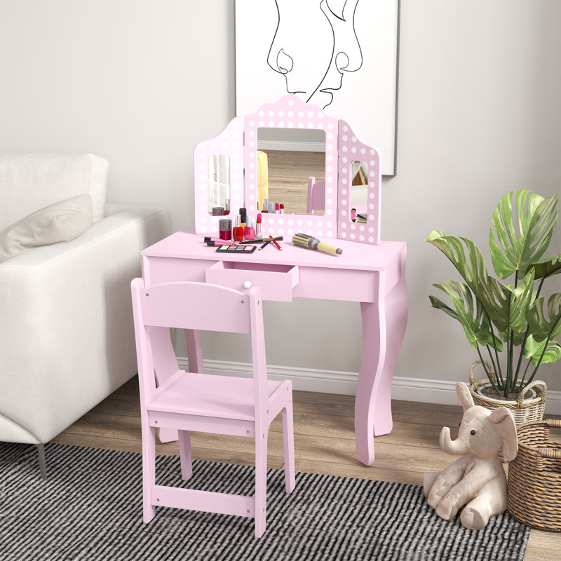 Bowmanville Kids Dressing Table with Tri-Fold Mirror, Stool, 3-8 Years Pink