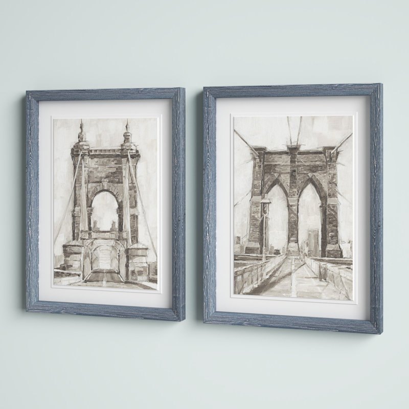 «Bridge Crossing I», ensemble de 2 reproductions d'art encadrées, H 24 po x l 18 po x P 1,25 po, Encadré gris, Blanc