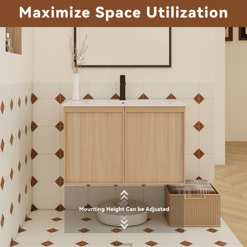 Meuble-lavabo moderne flottant en chêne clair de 30 po avec lavabo, cuve en céramique à bords minces et portes à fermeture en douceur