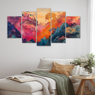 Pink And Orange Dragons Paper Offerings - Dragons Wall Art Living Room Set