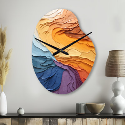 Yellow Orange Lyrical Abstraction Sunset II - Lyrical Abstraction Asymmetrical Metal Clock, Yellow Unique Shape Metal Clock Print