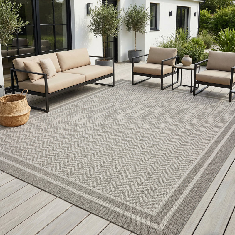 Modern Herringbone Geometric Indoor/Outdoor Area Rug, Rectangle 9' x 12', Gray/White
