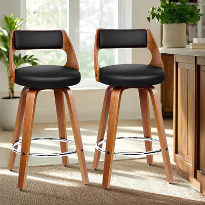 Ensemble de 2 tabourets de bar pivotants de style Mid-Century modernes, revêtus de cuir polyuréthane avec dossier et pieds courbés courbés, noir et brun