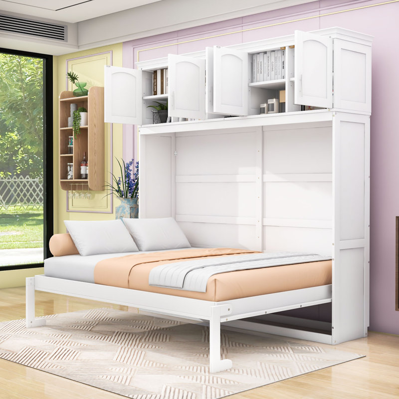 Lit escamotable avec tablettes confort peu encombrantes, Blanc, Grand lit