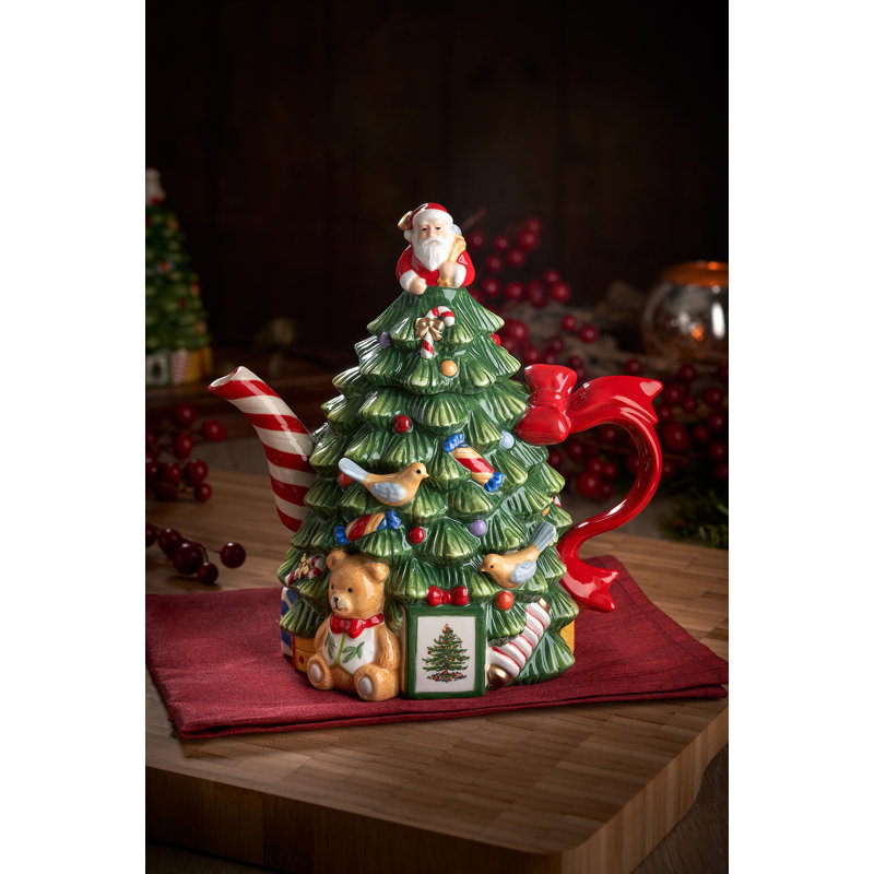 Festive Green and Red Ceramic Christmas Tree Teapot, 27 oz