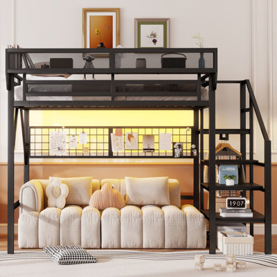 Full Size Loft Bed with Stairs, Wardrobe & Storage, Metal High Loft Bed with Light, Kids, Teens & Adults, Black