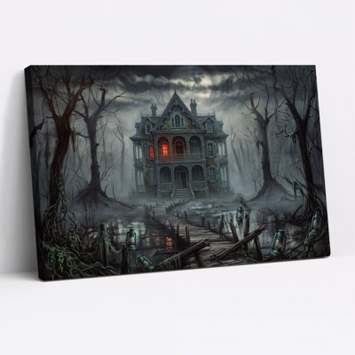 «Haunted Victorian House with Glowing Windows in Halloween», art mural sur toile