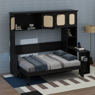 Full Size Horizontal Murphy Wall Bed with Storage Shelves, Hidden Foldable Wall Cabinet Bed with Desk and Rattan Cabinet