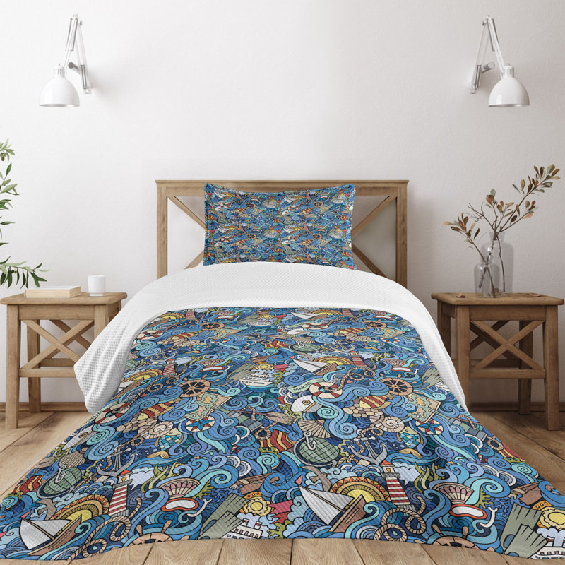 Twin White and Multicolor Quilted Bedspread Set