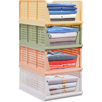 4-Pack Folding Wardrobe Storage Box Plastic Drawer Organizer Stackable Shelf Baskets Cloth Closet Container Bin Cube Home Office Bedroom Laundry Drawer Dividers For Clothes Toy Organization