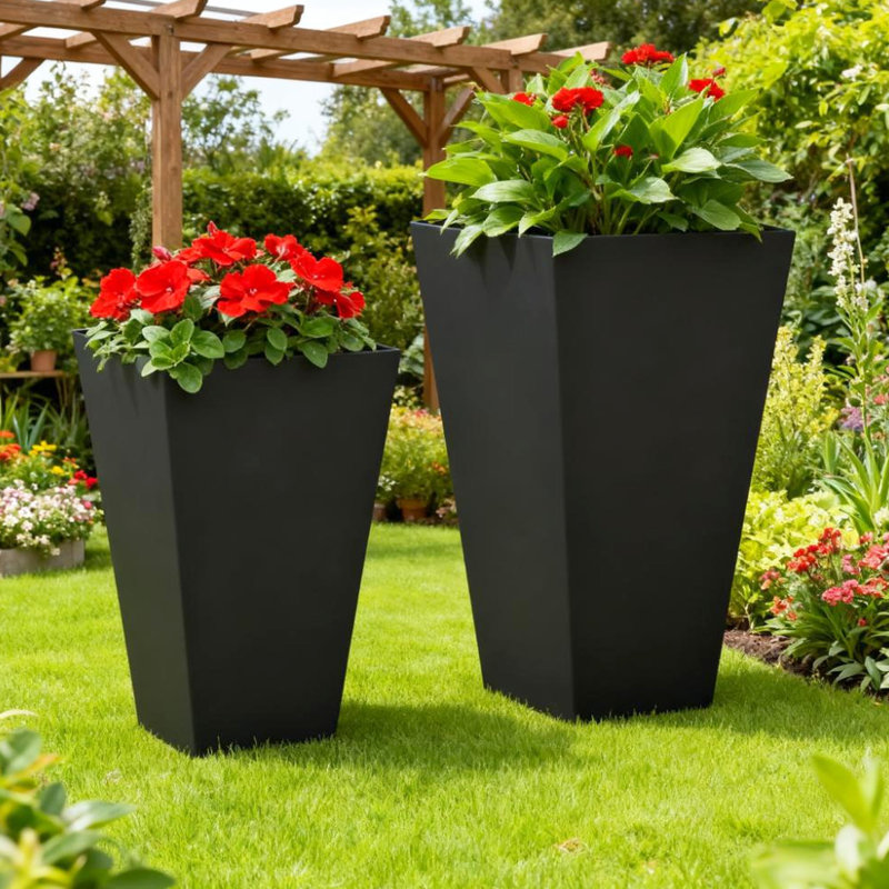 Jardinière d'extérieur 2 avec trous de drainage pour patio de jardin, jardinières en oxyde de magnésium, empilable, sans assemblage, noir, L 11,75 po x l 21,75 po H et 9,75 po H 17,75 po, capacité de poids de 220 lb