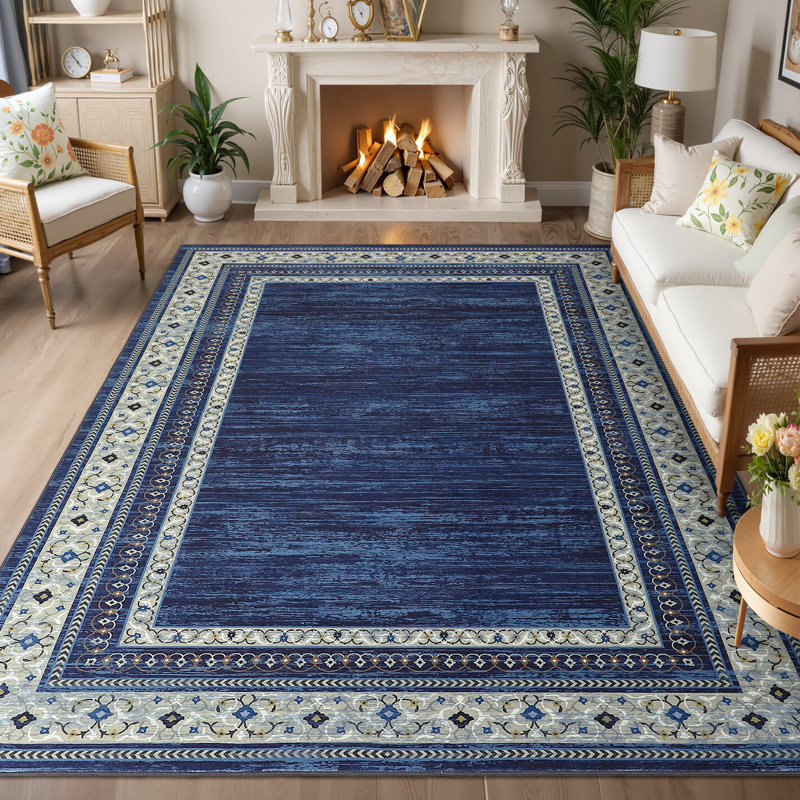 Tapis décoratif antidérapant à bordure à motif floral rétro pour chambre à coucher de salon, Blue, Rectangle 10' x 13'