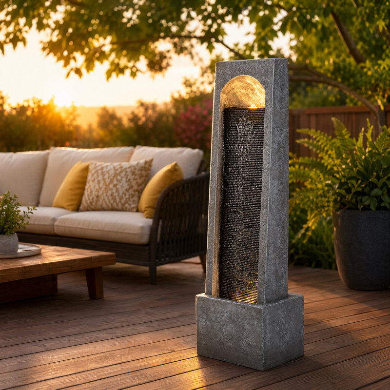 Outdoor Water Fountain with Warm LED Lights, 39.4" Modern Resin Water Wall Fountain