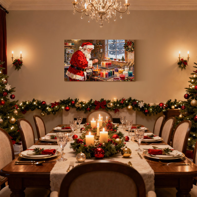 «Christmas Santa Fabrication de bougies dans un atelier», ensemble de 3 impressions sur toile, H 16 po x l 24 po