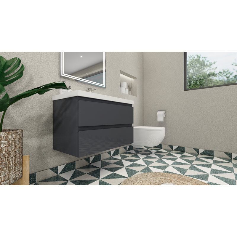 Ensemble de meuble-lavabo mural simple 36 po Amahd, Gris ultrabrillant