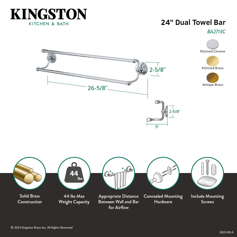 Kingston Brass Milano 24-Inch Dual Towel Bar, Polished Brass, 4.75'' H x 20.63'' L x 5'' D