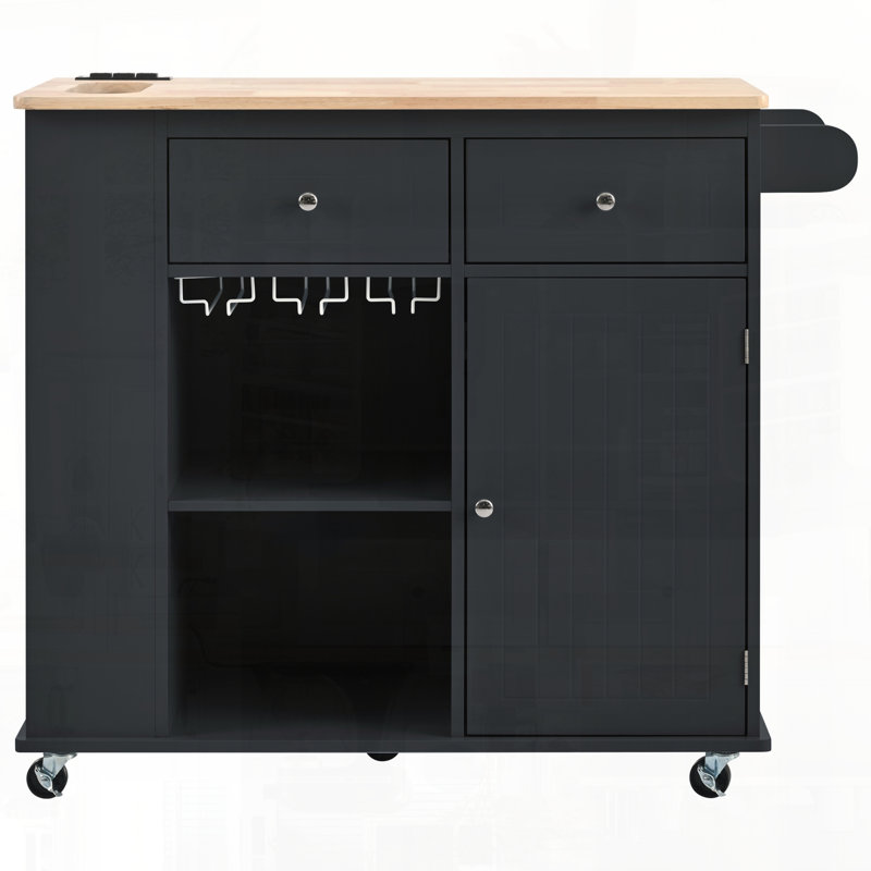 Îlot de cuisine avec rallonge électrique et supports de rangement polyvalents, Noir