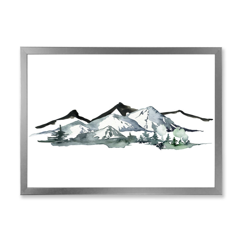 «Minimalistic Winter Mountains and Fir Forest I», peinture sur toile à cadre flottant, Toile avec cadre argenté