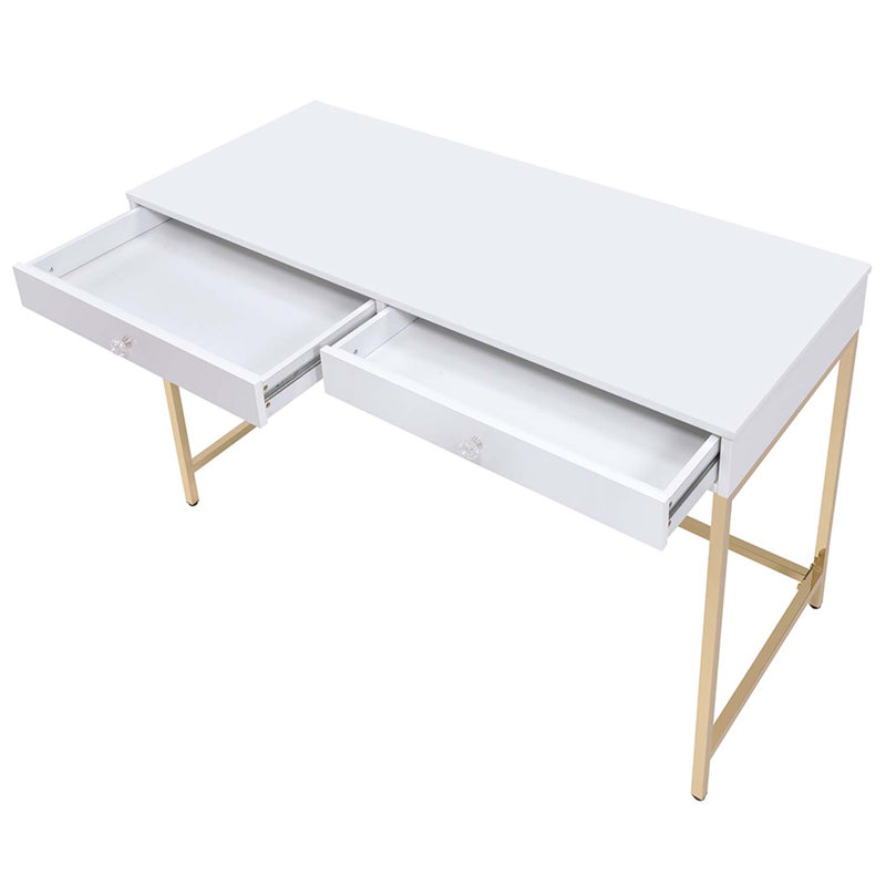 Bureau de coiffeuse Ottey, blanc brillant et finition dorée