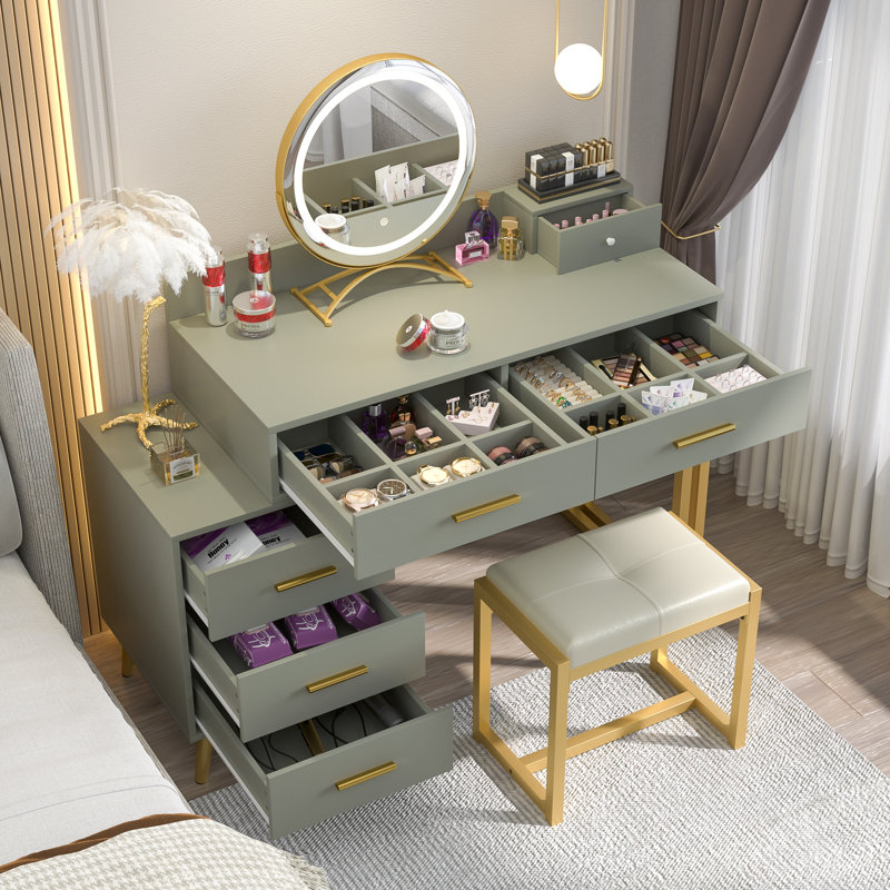 Foivos Makeup Vanity Desk with Mirror and Stool, Green