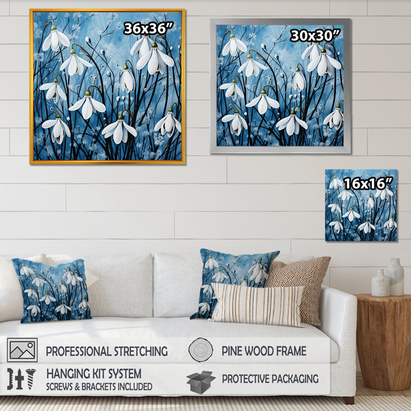 Minimalisme bleu et blanc fleur de neige encadrée sur toile, H 30 po x l 30 po x P 1 po, Cadre simple argenté