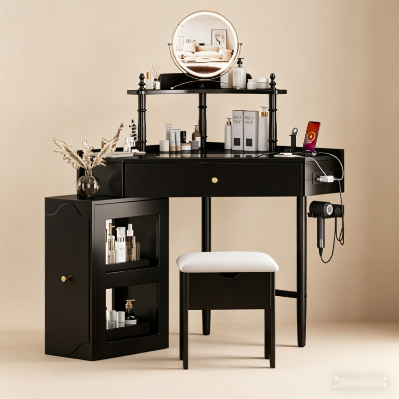 Ensemble de meuble-lavabo de coin avec station de rangement et de charge, coiffeuse de maquillage triangulaire avec armoire latérale coulissante amovible, bureau de maquillage à plateau en verre avec tiroir et tablette, ensemble de coiffeuse noir avec tabouret rembourré pour petits espaces