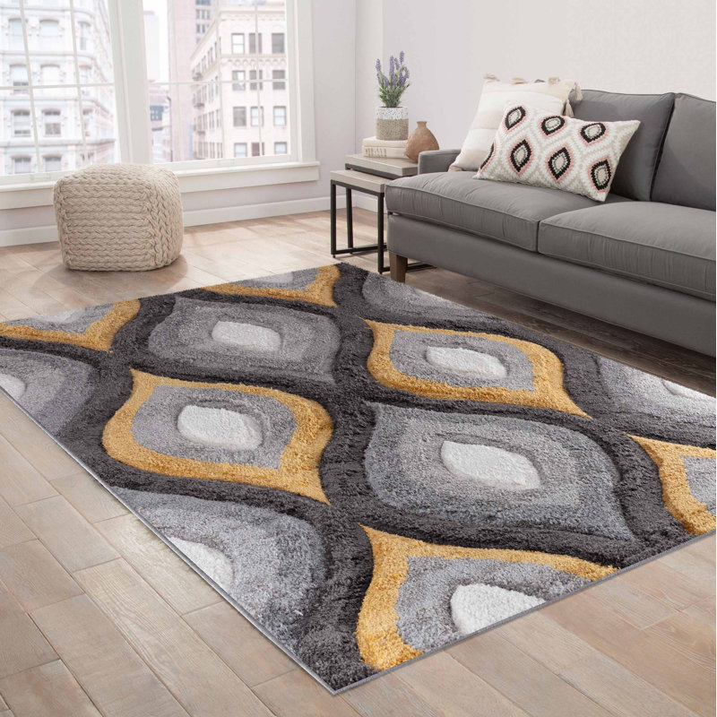 Arnhild Modern Soft Curved Diamonds Design Shaggy Gold/Grey Rug, Rectangle 120 x 170cm