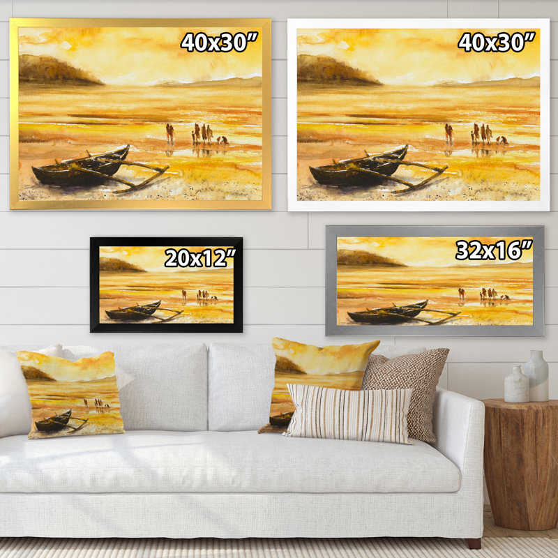 Groupe de personnes sur une plage au coucher du soleil - peinture sur toile, H 35,5 po x l 45,5 po x P 1,5 po, Cadre argenté