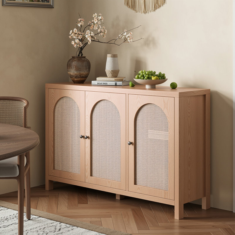 50" L Boho Natural Rattan Sideboard Buffet Cabinet With Large Storage, Home Kitchen Oak Wood Veneer 3-Door Credenza Coffee Bar Cabinets With Adjustable Shelves