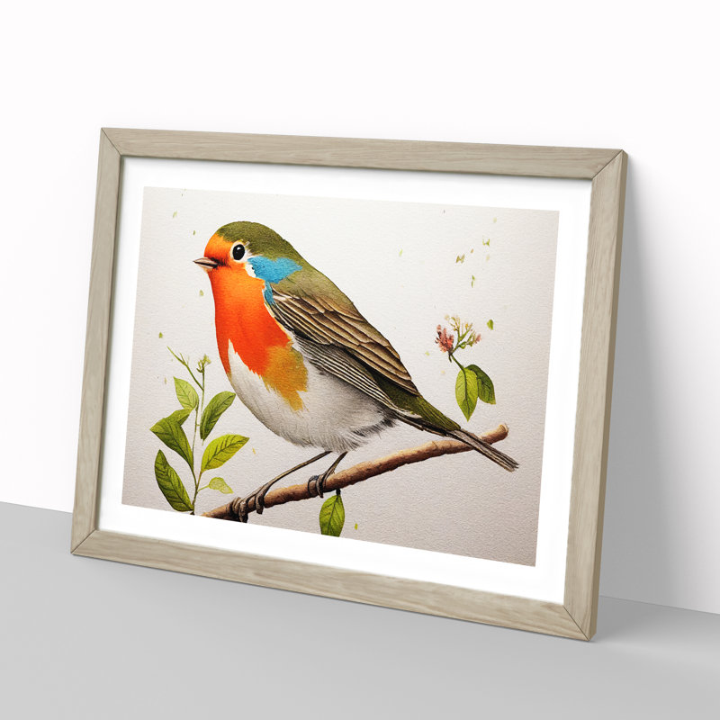 Exceptional Robin Bird - Single Picture Frame Print, 46cm H x 64cm W x 2cm D, Oak