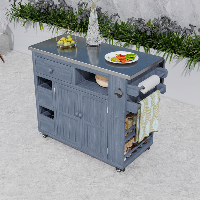 Îlot de cuisine extérieur extensible avec tiroirs, armoire et support à épices latéral, Gris