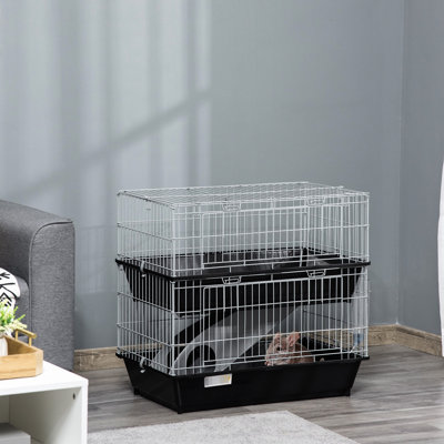 2 Pet Cage With Metal Frame And Deep Cleaning Trays - Black For Small Pets Space Feature