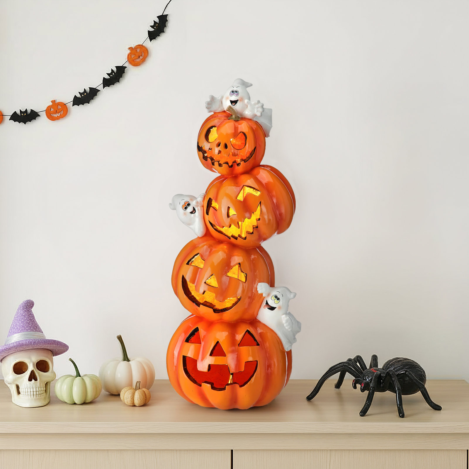 28" LED Resin Pumpkin stack With Ghost