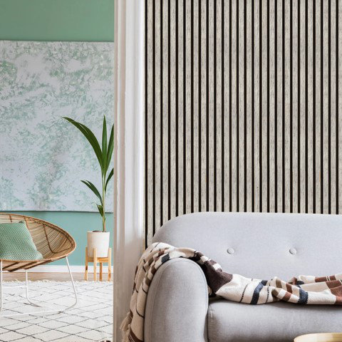 Wooden Slat Wall Panel Light Grey, 240 x 60cm