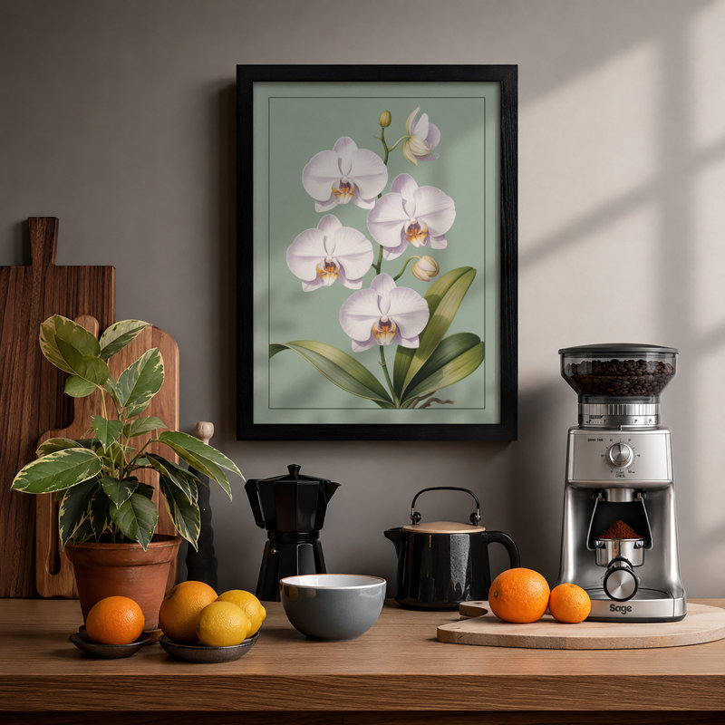 White Orchids In Bloom Botanical - Print, Black, A4 - 29.7 x 21.0 cm