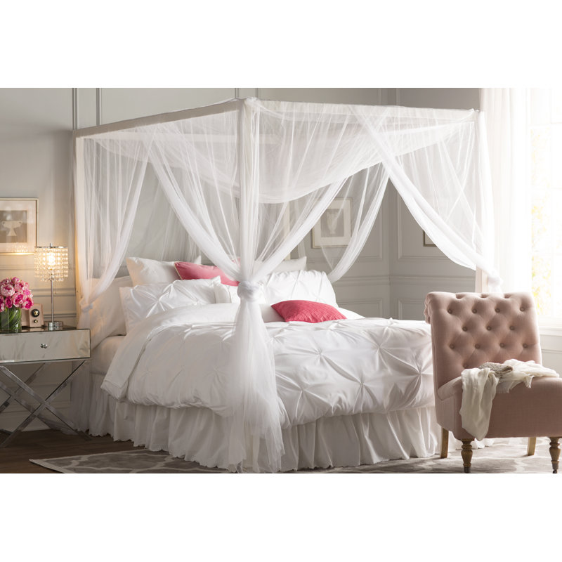 White Sheer Polyester Four-Post Bed Canopy