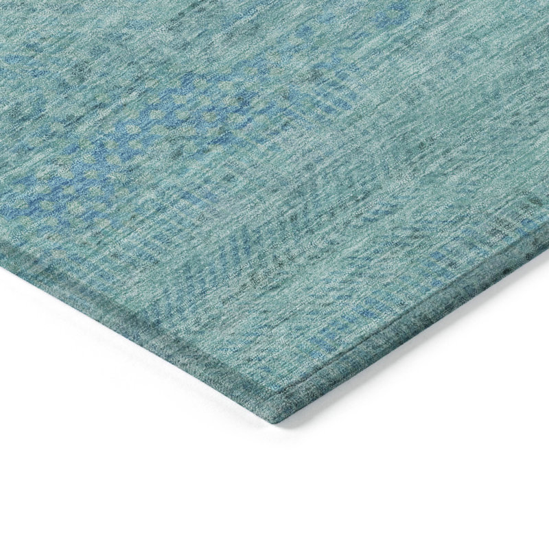 Aqua and White Striped Washable Synthetic 3' x 5' Rug