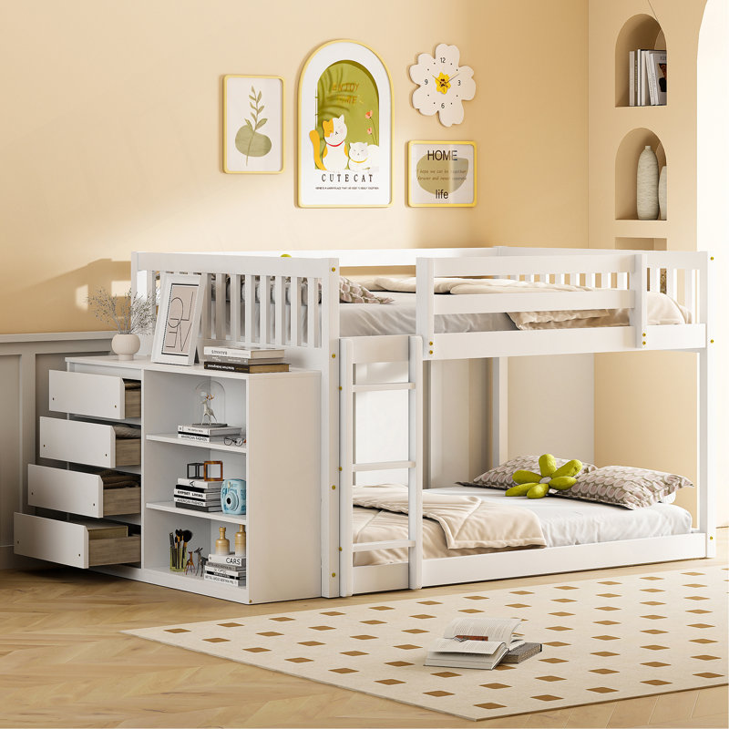 Lit superposé double avec 4 tiroirs et 3 tablettes, Blanc